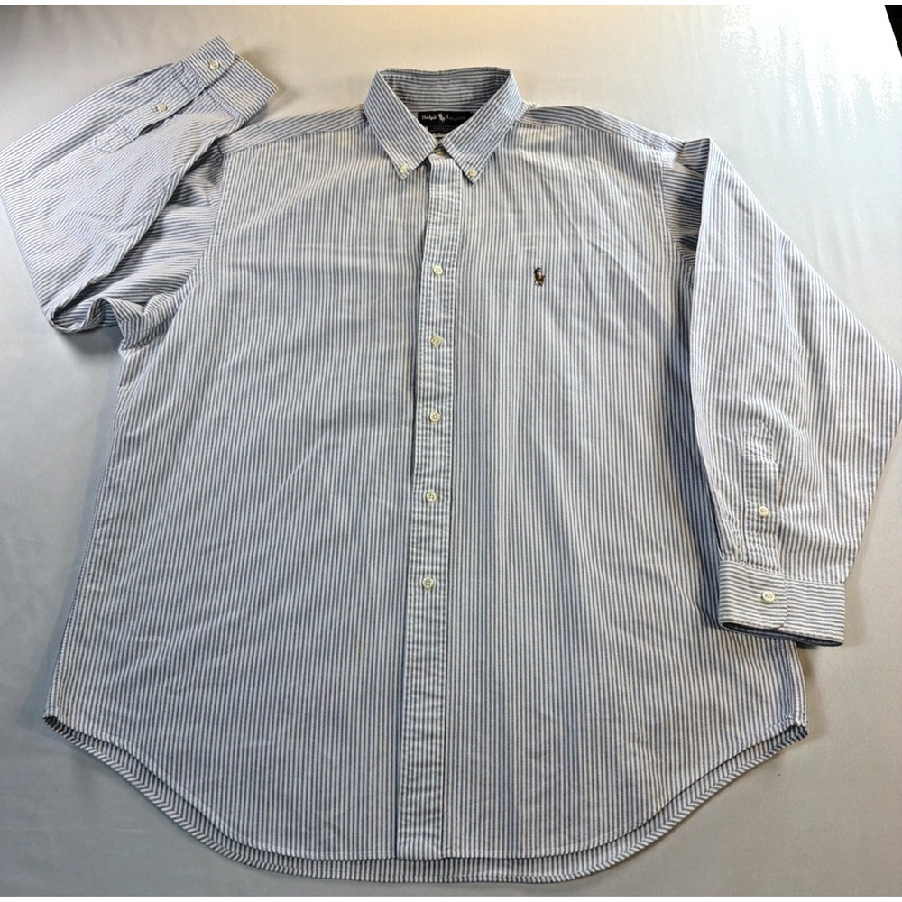 Polo Ralph Lauren Shirt Men's 17-35 Blue Stripe Button Down Pony Logo Cotton